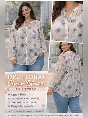 DR2 Floral Sheer Blouse 3X Lightweight Long Sleeve Boho Peasant Top Plus Size